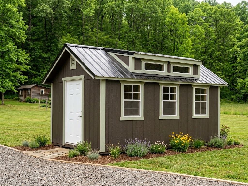 Gold dormer studio exterior with dark siding, metal roof and dormer windows