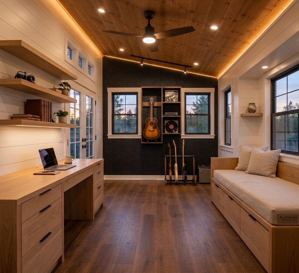 Platinum studio rendering with a built-in desk, a music wall with guitars, and a built-in daybed with storage drawers