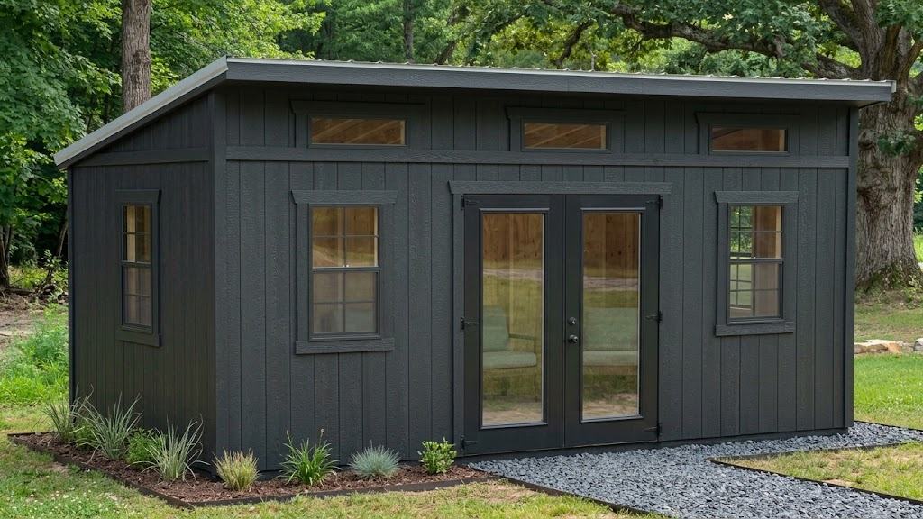Platinum modern single-slope studio exterior with black French doors and clerestory windows