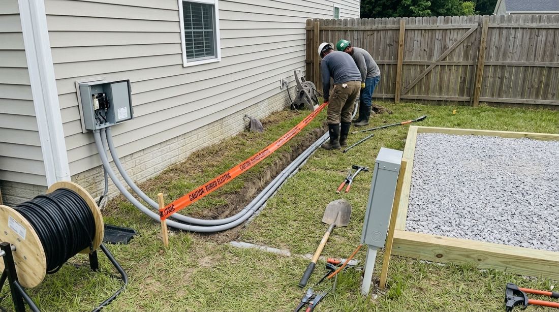 Electricians running buried conduit from a home to a studio sub-panel beside a gravel pad